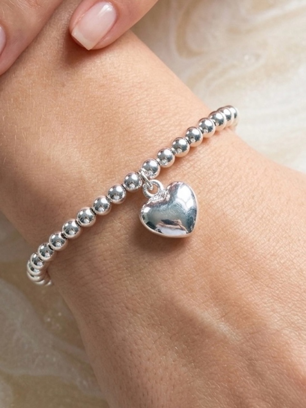 Silver Heart Charm Beaded Bracelet - Silver